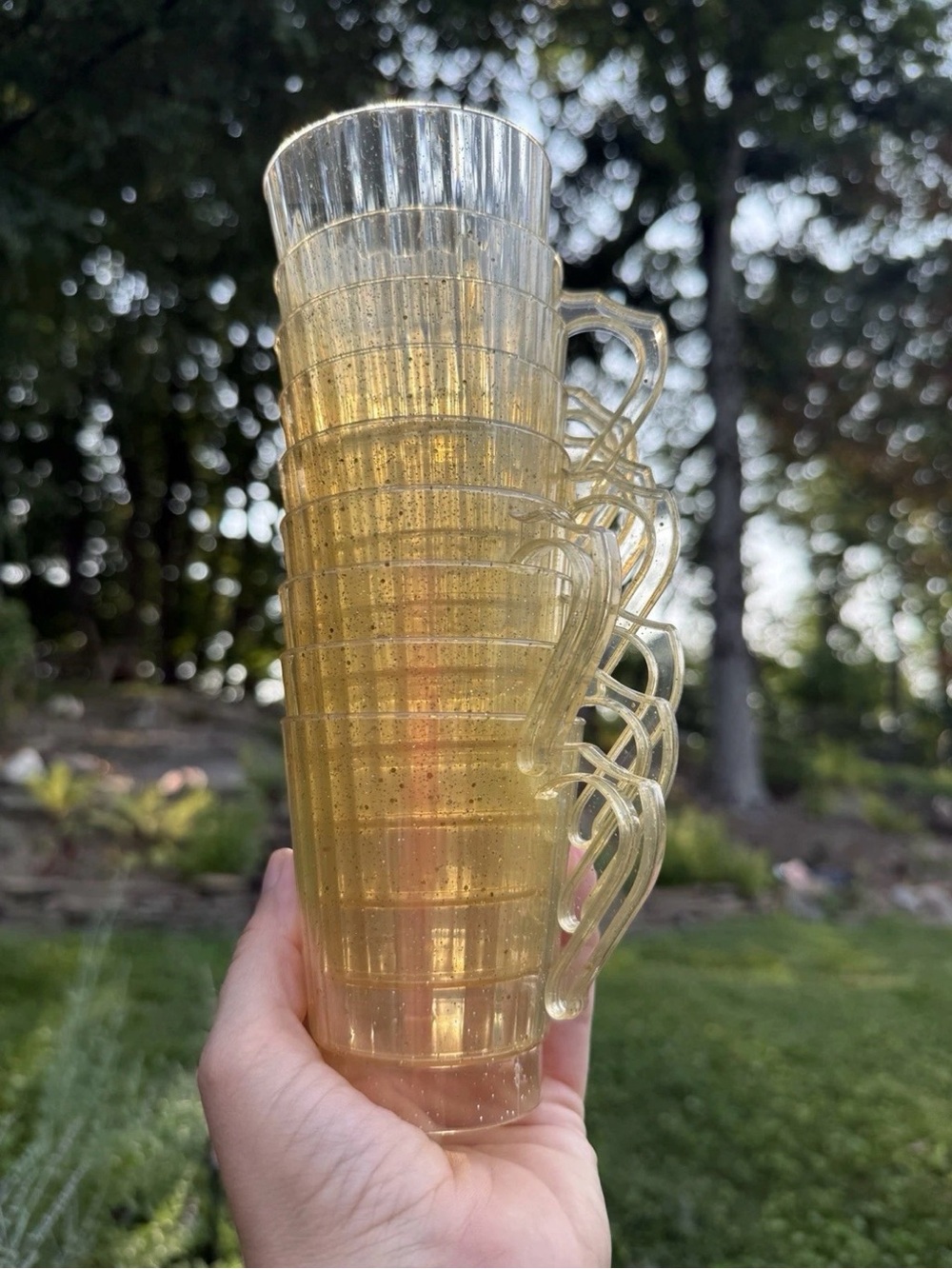 9 Vintage MCM Yellow Clear Glitter Plastic Cups Handles 60s70s EUC Retro Kitchen